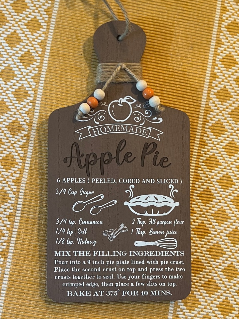 Apple Pie Recipe Serving Board 6" x 12" Fall Fabulous Gift for Table or to Hang